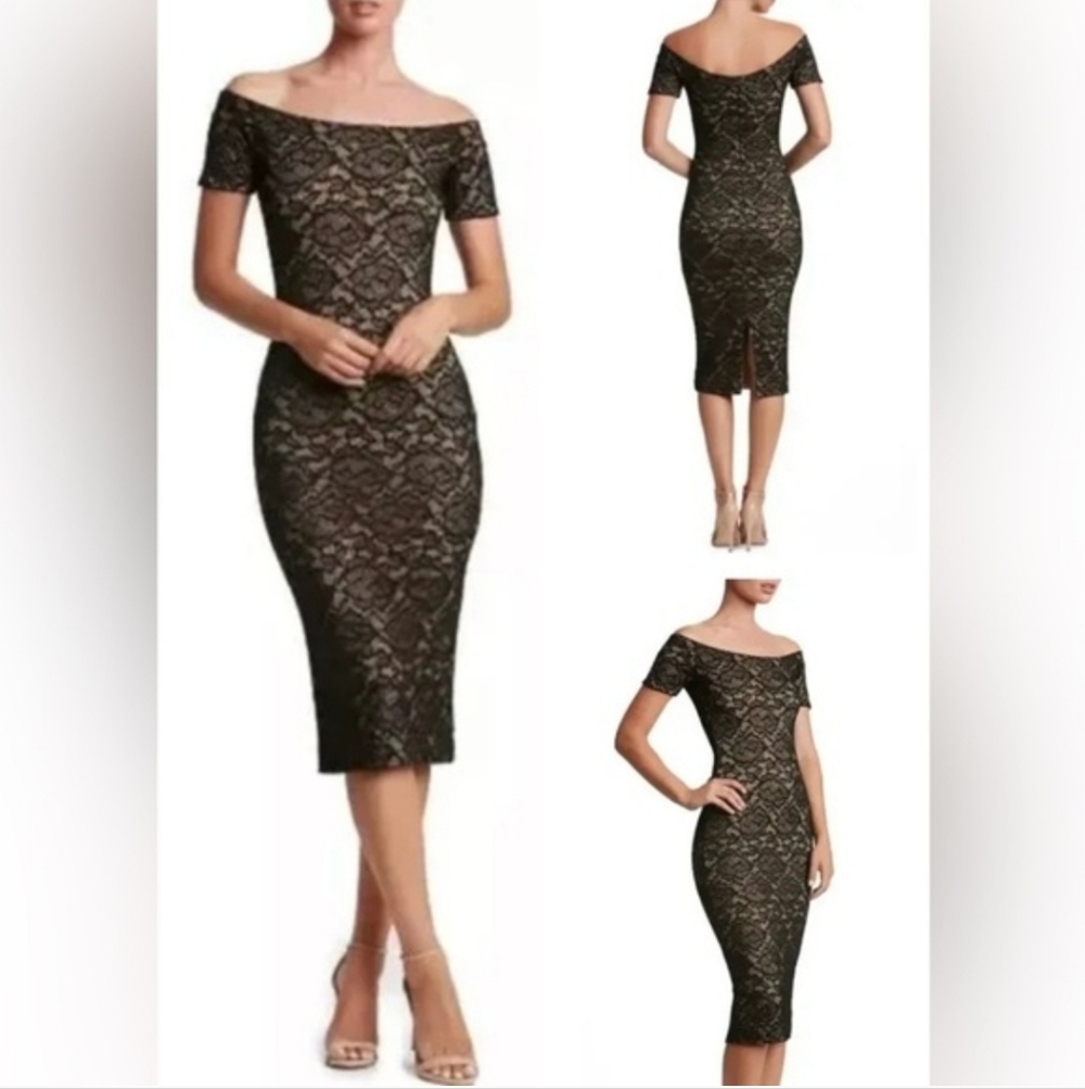Dress the Population Jemma Off Shoulder Midi Dress Black Nude - Picture 3 of 12